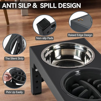 PAWISE Elevated Dog Bowls, Raised Dog Bowl with Slow Feeder Bowl & Stainless Steel Bowls, 5 Heights Adjustable Dog Feeding Bowl Stand for Small Medium Large Dogs, Food Dishes with Non-Slip Feet