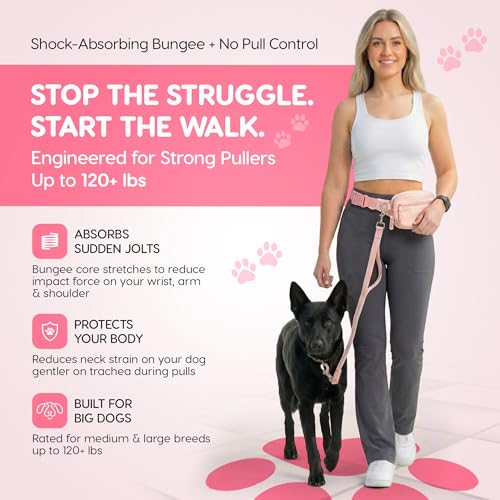 Hands Free Dog Leash with Zipper Storage Pouch - Waist Belt Bungee Running, Walking & Hiking Leash - Padded Handle - Seat Belt Attachment - Reflective No Pull Control for Medium Large Dogs 10-120 lbs - color: Queens Pink