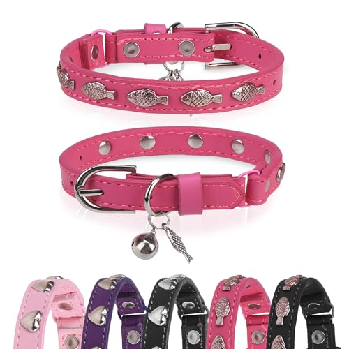 Leather Cat Collars for Boy Girl Cats with Bell and Safety Elastic Belt, Personalized Love and Fish Stud Adjustable Safe Buckle Collar for Kitty Small Big Cats Size 8-11 Inch, Rose - color: Rosa_Fish, size: 8"-11" Cats / Mini Dogs(Pack of 1)