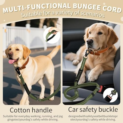 Heavy Duty Tactical Dog Leash, 4-6FT Shock Absorbing Bungee Lead with 2 Padded Handles, Metal Carabiner & Seatbelt Clip, Reflective No-Pull Leash for Medium/Large Dogs (ArmyGreen) - color: ArmyGreen