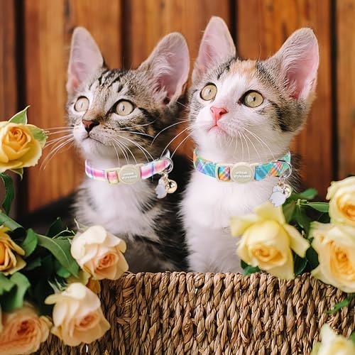 Unique style paws 2 Pack Easter Day Kitten Collar Breakaway with Bell&Pendant, Adjustable Safety Blue Pink Colorful Plaid Cat Cotton Collar for Girl Boy Cat and Small Pet - color: blue pink colorful grid