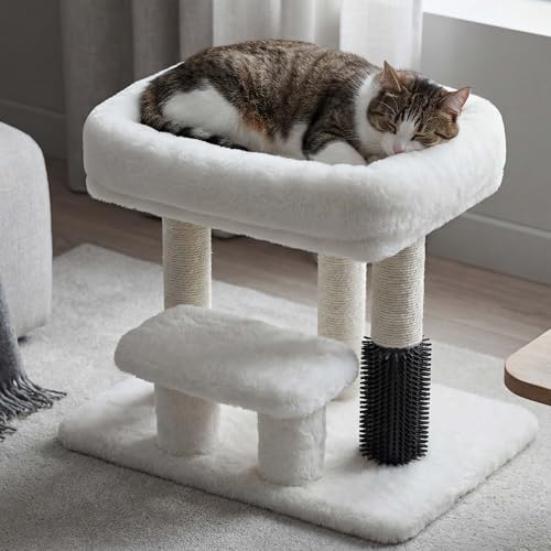 Heybly Cat Scratching Post, Small Cat Tree Tower with 3 Full Sisal Posts, Removable Plush Bed, Grooming Brush, Stable & Space-Saving Cat Furniture with Gentle Step for Indoor Cats, White HSP001SWH - color: Light Gray, size: 15.7 inch