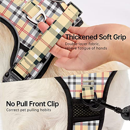 No Pull Dog Harness with Leash, Reflective No Choke Pet Vest Harness,Adjustable Soft Padded Dog Harness with Easy Control Handle for Small Dogs(Checkered Beige,Small) - color: Checkered Beige, size: 【S】neck 11-15" chest 15-21"