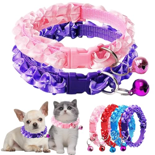 Puppy Collar with Bell, 2 Pack Xs Dog Collar Girl Cat Collar with Bells Lace Adjustable for XXS Xs Small Pet Dogs Animal Litter Tiny Kitten Female, XSmall Pink+Purple - color: Pink Purple, size: Neck 7.5-12.6"