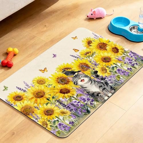 Dog Food Mat for Pet Cat Food Mat, Sunflower Absorbent Quick Dry Dog Bowl Mats for Food and Water, Non-Slip Cat Pet Feeding Mats for Floor Placemats 12"x20" - color: Sunflower, size: 20"L x 20"W