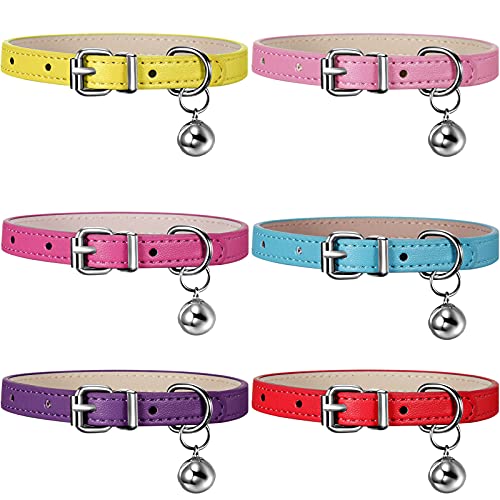Weewooday 6 Pieces Leather Cat Collar with Bell Cute Pet Kitten Leather Collar for Boy Girl Cats for Small Kitten Puppy(Classic Color) - color: Classic Color