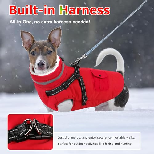 Dog Coat with Harness, Waterproof Warm Dog Winter Jacket with Pockets, Reflective Pet Fleece Jacket Turtleneck Snowsuit for Small Medium Large Dogs - Red, 3XL - color: Red, size: XXX-Large(Chest:42.9" Back:26.8" Neck:26.8")