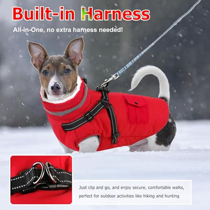 Dog Coat with Harness, Waterproof Warm Dog Winter Jacket with Pockets, Reflective Pet Fleece Jacket Turtleneck Snowsuit for Small Medium Large Dogs - Red, 2XL - color: Red, size: XX-Large( Chest:35.4" Back:23.6" Neck:23.6")