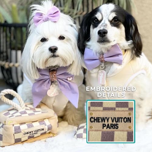 Haute Diggity Dog Chewy Vuiton Trunk Puzzle with 3 Plush Squeaky Dog Toys, Soft Durable Designer-Inspired Stuffed Puppy Chew Toys for Small & Medium Dogs, Machine-Washable (Tan Checker) One Size - color: Brown Trunk, size: One Size