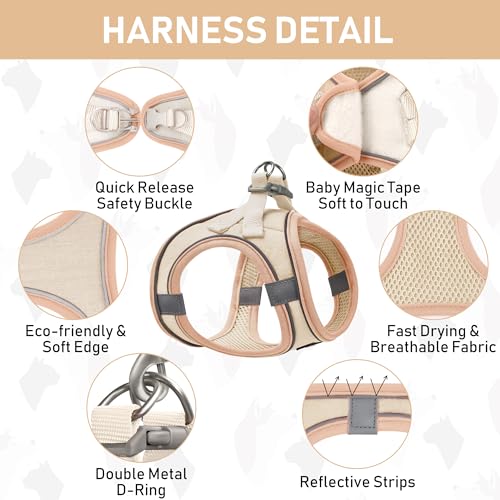 Small Pet Harness Collar and Leash Set, Step in No Chock No Pull Linen Fabric Soft Mesh Dog Vest Harnesses Reflective for Dogs Puppy Cats Kitten Rabbit (Khaki, S) - color: Khaki, size: Small
