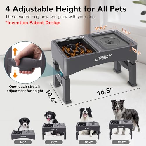 UPSKY 2-in-1 Elevated Dog Bowls Slow Feeder, 4 Height Adjustable Raised Bowl Stand, No Spill Dog Water Bowls, Anti-Slip Food and Water Bowls for Small Medium Dogs(Not Include Stainless Steel Bowl) - color: A-Water Bowl+Slow Feeder (Grey)