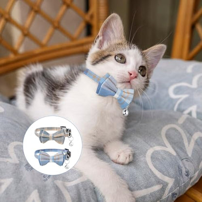 2 PCS Bow Tie Cat Collar with Bells Cat Collar Breakaway Cute Bowtie Plaid Cat Collar with Cat Buckle Soft Adjustable Kitten Accessories for Indoor Cats Puppy and Small Pets Blue and White Plaid