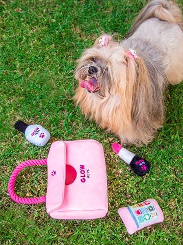 Glow Pups Dog Hide and Seek Purse Toy for Dog, Pink Purse Dog Toys Filled with Squeakers & Crinkle Material, Interactive Plush Lipstick, Dog Phone e & Nail Polish Toys for Small Dogs - Pink/Fuchsia - style: Pink Purse Dog Toy with Lipstick, Cell Phone and