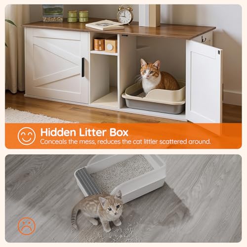HOOBRO Double Litter Box Enclosure, Modern Cat Litter Box Furniture with Storage and Mat Design, Farmhouse Hidden Litter Box Enclosure with 2 Hooks, White and Walnut WH23MW01 - color: White + Walnut