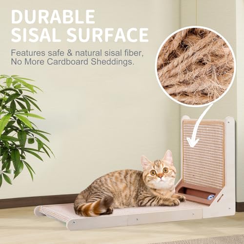 Sisal Cat Scratchers for Indoor Cats, 26.8'' L-Shape Cat Scratching Board, Solid Wooden Cats Scratch Pad with Mouse Toy, Large Cats Scratching Posts to Protect Furniture(Vertical Scratcher) - size: Vertical
