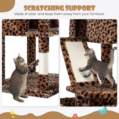 SHA CERLIN 81in Multi-Level Tall Cat Tree Tower for Indoor Kitties/Larger Cat Condo Furniture with Hammock/Cozy Pussycat Perches/Sisal Scratching Posts/Pet House/Wide Base/Leopard Print - color: Leopard Print