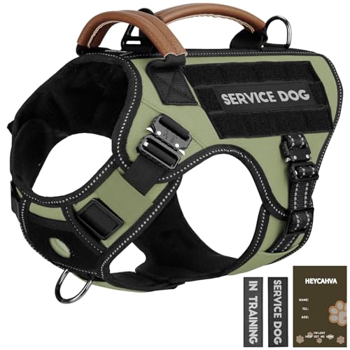 Tactical Dog Harness - HEYCAHVA Service Dog Vest Full Metal Buckles for Medium Large Dogs Reflective No Pull Dog Harnesses Vest with Leather Handle, Hook & Loop for Hiking Training (Green, M) - color: Green, size: Medium
