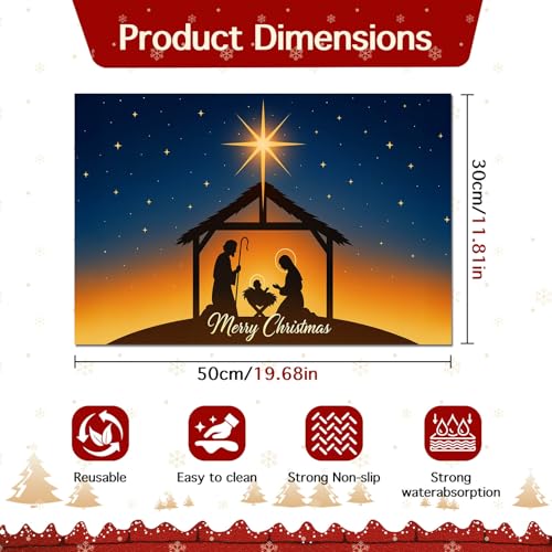 HOMETITUTE Christmas Nativity Scene Pet Food Mats Jesus Birth Design Non-Slip Pet Feeding Mat Easy Clean Fast Dry Mat for Dog Food and Water Bowls 20" x 12"Christmas Absorbent Pets Bowl Mat - color: black