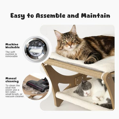 Double-Layer Cat Hammock Bed, Wooden Elevated Cat Beds with Natural Sisal Scratching Mat, Cats Scratcher Bed with Removable Soft Cushion, Cats Scratching Beds with Wood Frames - color: Narual Wood (Double Layers)