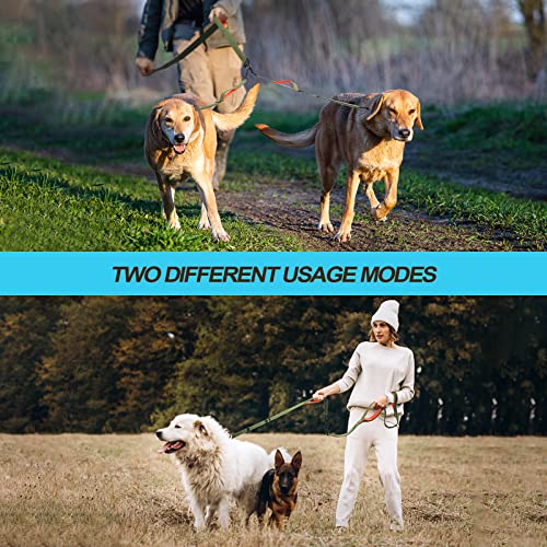 Double Dog Leash, No Tangle Dual Leash, Reflective Walking Training Lead, 4 Comfortable Padded Handles for 2 Dogs with Collapsible Bowl and Waste Bags (Khaki Green, Large) - color: Khaki Green