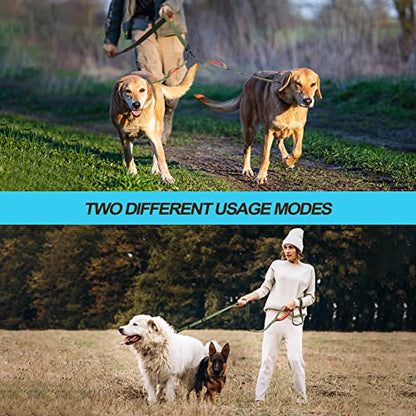 Double Dog Leash, No Tangle Dual Leash, Reflective Walking Training Lead, 4 Comfortable Padded Handles for 2 Dogs with Collapsible Bowl and Waste Bags (Khaki Green, Large) - color: Khaki Green