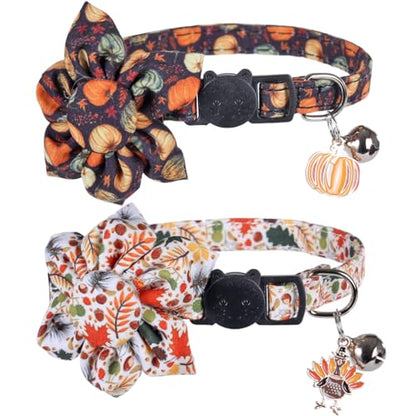 Thanksgiving Day Cat Collar Fall Breakaway with Sunflower and Bell Autumn Holiday for Kitty Adjustable Safety - color: Pumpkin-sunflower