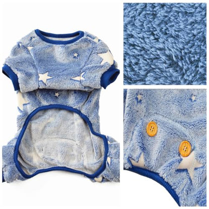 Plush Dog Pajamas Glow in The Dark Dog Jumpsuit 4 Legged Onesie for Small Medium Dog Cat, Blue Star S - color: Blue Star, size: Small