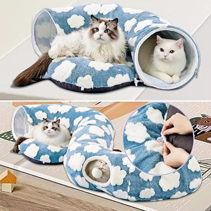 Cat Tunnel Bed with Washable Cushion for Indoor Cat, Donut Cave Tube Toys for Kitten Puppy Rabbit, Blue