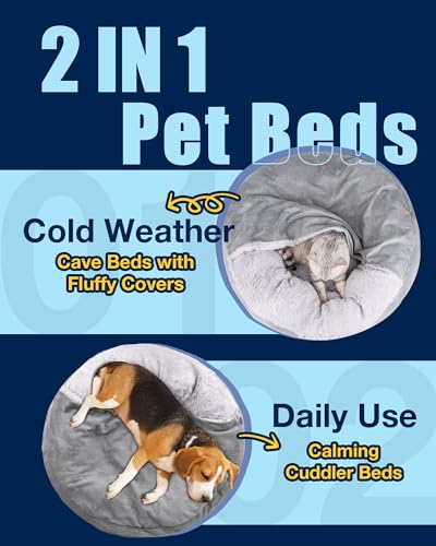 Pet Soft Small Dog Bed Cat Bed with Cover Cave - Round Calming Dog Beds Washable Cuddler Puppy Beds for Small, Medium Dogs and Cats (Grey, 30") - color: Grey, size: Large (30"x30"x8")