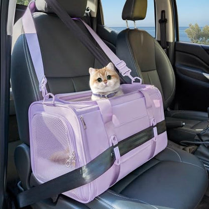 PETSFIT Soft-Sided Cat Carrier with Patented Safety Buckles, Lockable Zippers & Safety Tether,Escape-Resistant Travel Pet Carrier for Car Rides & Vet Visits, Airline Approved Under-Seat, Up to 12 lbs - color: Purple, size: Medium