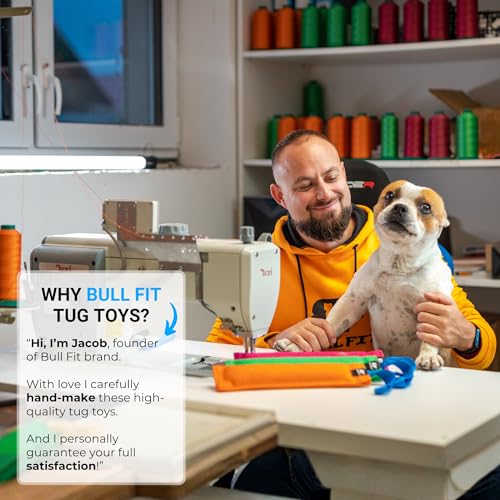 Bull Fit K9 Dog Bite Tug Toy with Strong Handle - Made of Durable & Tear-Resistant French Linen - Perfect for Tug of War, Fetch & Puppy Training - Ideal for Medium to Large Breeds - color: Orange Bite Tug with Blue Handle