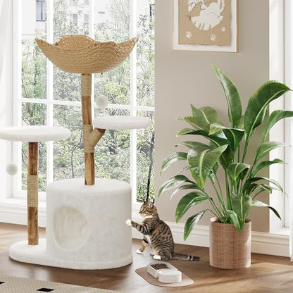 Modern Cat Tree Tower, Natural Solid Wood & Rattan Design with Woven Basket & Condo, Multi-Level Cat Activity Center for Indoor Cats, Aesthetic Pet Furniture - size: XXXX-Large