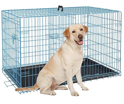 36 Inch Large Dog Crate, Heavy Duty Dog Crates for Large Dogs, Metal Wire Folding Dog Cage with Removable Trays, Locks, Double-Door, Divider Panel, Handle, Puppy Crate Pet Crate (36 in, Blue) - color: Blue, size: 36.0"L x 23.0"W x 25.0"H