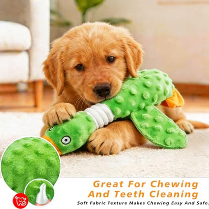 Squeaky Dog Toys for Aggressive Chewers, Durable Stuffed Animal Plush Dog Toy with Soft Fabric for Large, Medium & Small Dogs, Interactive Puppy Chew Toy for Teething, Crinkle Duck Dog Toy - Green - color: GREEN