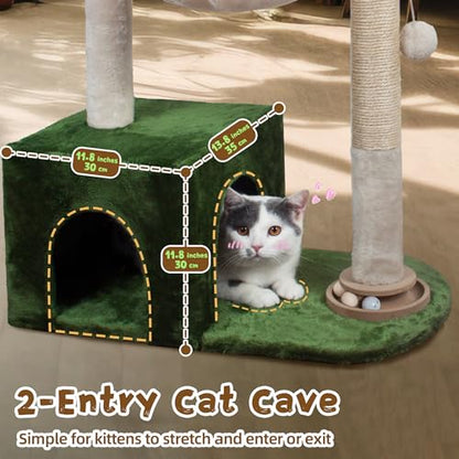 Fantasreen Cat Tree 38" Cat Tower with Large Hammock Metal, Cat Scratching Post for Indoor Cats with Condo, Cat Playground Track Balls and Bouncy Ball, Green and White