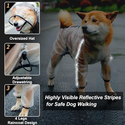 Olsa Dog Raincoat, Dog Hooded Slicker Poncho, 4 Legs Rain Jacket with Reflective Stripe, Water Proof Rain Snow Clothes with Hood for Small Medium Dogs - color: White, size: L
