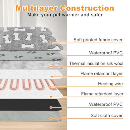 Bestio Dog Heating Pad,28x18 in Heated Dog Bed with Constant Heat & Auto Modes，MET&UL Certified Pet Heating Pad,Chew-Resistant Cord,Waterproof Washable Cover-Gray - size: 28.0"L x 18.0"W x 0.5"Th