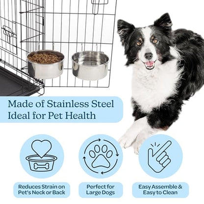 Set of 2 Stainless-Steel Dog Bowls - Cage, Kennel, and Crate Hanging Pet Bowls for Food and Water - 50.4oz or 6.3 Cups Each and Dishwasher Safe by PETMAKER - size: 50oz