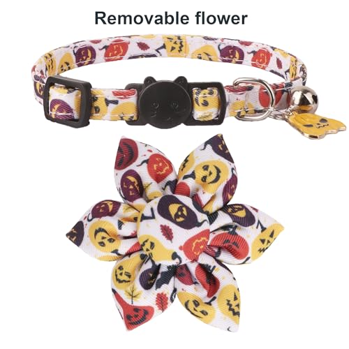 ADOGGYGO Halloween Cat Collar with Floral, 2 Pack Halloween Kitten Flower Collar, Pink Ghost Pumpkin Collars for Cats Kittens - color: Halloween