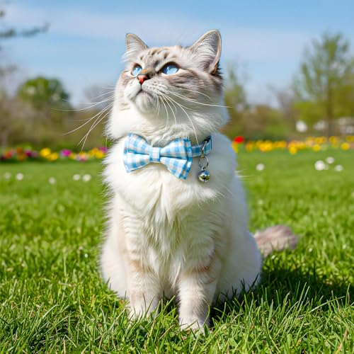 2 Pcs Bow Tie Cat Collar with Bell Breakaway, Cat Collar for Boy Cats with Bell, Cute Kitten Bow Tie Collars, Sot Adjustable Color Plaid Pet Collars (Blue) - color: Blue