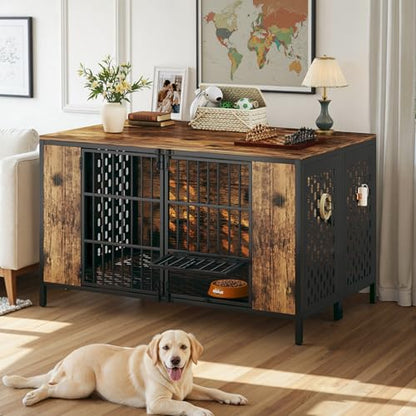 Dog Kennel Large Dogs Furniture with Hook, Heavy Duty Dog Crate Indoor for Extra Large Dogs, Escape-Proof and Chew-Proof Dog Cage for high Anxiety Dog, Rustic Brown Cage as TV Stand - size: 47.3"L x 31.5"W x 32.3"H