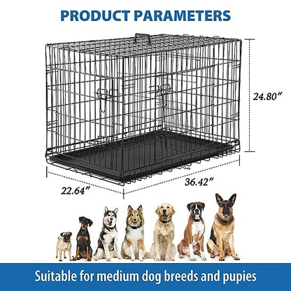 24/7 Shop at Home Gossamer Metal Double Door Folding Wire Pet Crate with Divider, Removable Tray, and Handle for Outdoor and Indoor Medium Dog, 36-inch, Black - size: 36.4"L x 22.6"W x 24.8"H