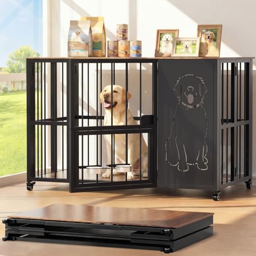 JUNEU 42'' Dog Crate Furniture, Easy Assembly Dog Kennel Indoor, Collapsible Heavy Duty Dog Crate for Medium/Large Dog(35-60 lb), Wooden Corner Dog Crate with Wheels & Adjustable Bowl Holders