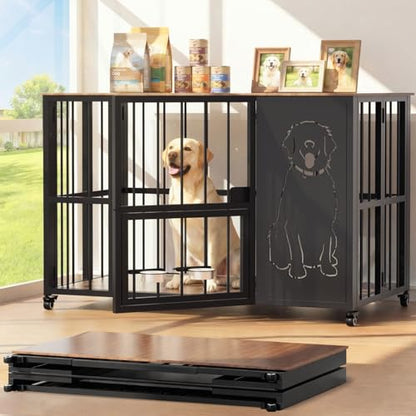 JUNEU 42'' Dog Crate Furniture, Easy Assembly Dog Kennel Indoor, Collapsible Heavy Duty Dog Crate for Medium/Large Dog(35-60 lb), Wooden Corner Dog Crate with Wheels & Adjustable Bowl Holders