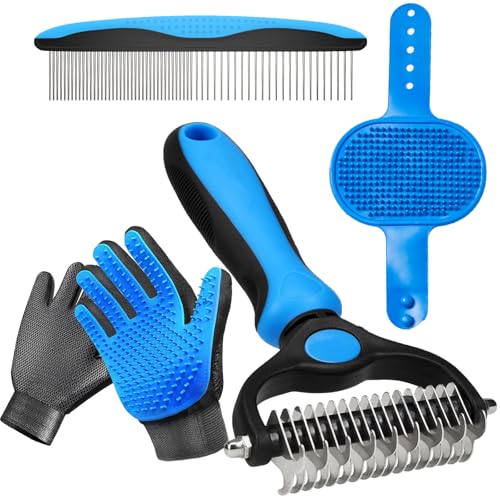 4 Pack Pet Grooming Kit - Deshedding Rake, Fine Tooth Comb, Grooming Gloves & Bath Brush for Dogs,Cats and Horses - Skin Friendly Deshedding Grooming Tool (Blue) - color: Grooming Rake Set