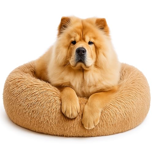 Calming Dog Bed - Fluffy Donut Cuddler for Anxiety Relief, Orthopedic Pet Bed with Non-Slip Bottom, Cozy Round Faux Fur Nest for Dogs and Cats, Plush Crate Mat for Comfort (Camel, Large) - color: Camel, size: Large