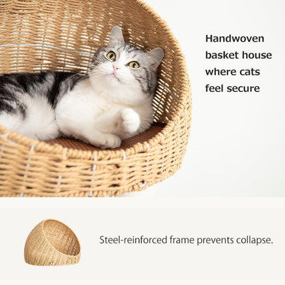 Wood Cat Tree for Large Cat, 60-Inch Tall Cat Tower with Scratching Post for Indoor Cats, Multi-Level Cat Condo with Hand-Woven Cat Bed and Acrylic Bowl Easy to Clean (Brown-81004S) - color: Nature 81004