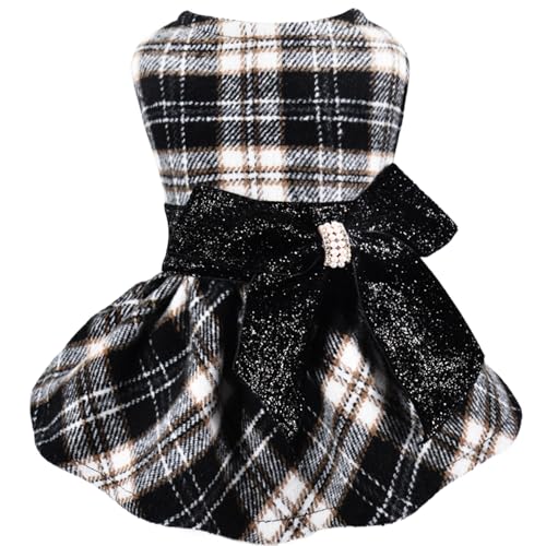 Dog Sweater Dress, Winter Plaid Dog Dress for Small Dogs Girl, Winter Warm Fleece Lining Female Small Dog Clothes, Pet Outfits Coat, Cat Apparel for Holiday, New Year, Valentine’s Day,XS,Black - color: Plaid Black, size: X-Small (Chest 14.2 in)