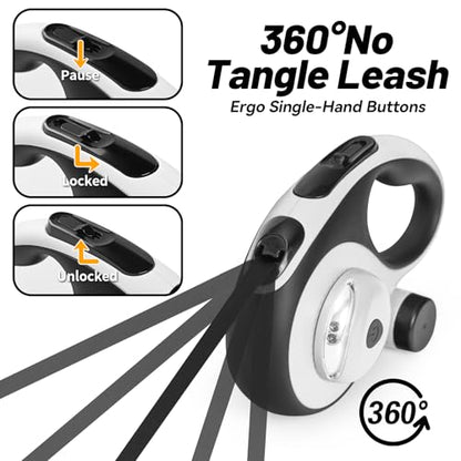 26ft Heavy Duty Retractable Dog Leash for Large Dogs, Dog Leash with Poop Bag Holder, Up to 100lbs, With LED Light, Chew Proof Cable, One-Handed Pause & Lock, 360° No Tangle. (White+, 26Ft) - color: White+
