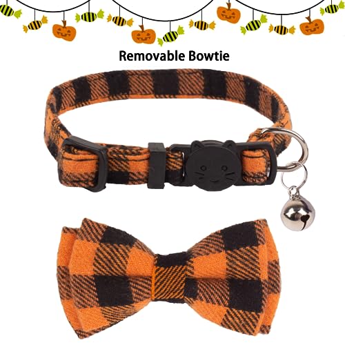 ADOGGYGO Halloween Cat Collars Breakaway with Removable Bowtie Bell, 2 Pack Orange Purple Plaid Halloween Bow Collar for Cats Kittens - color: Orange&Purple-1